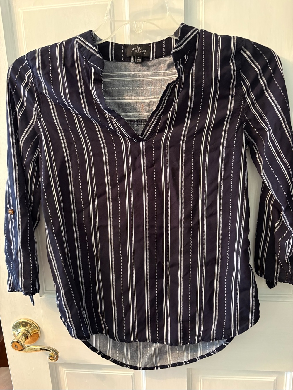 Navy Vertical-Stripe V-Neck Tunic Top by Lily & Jane